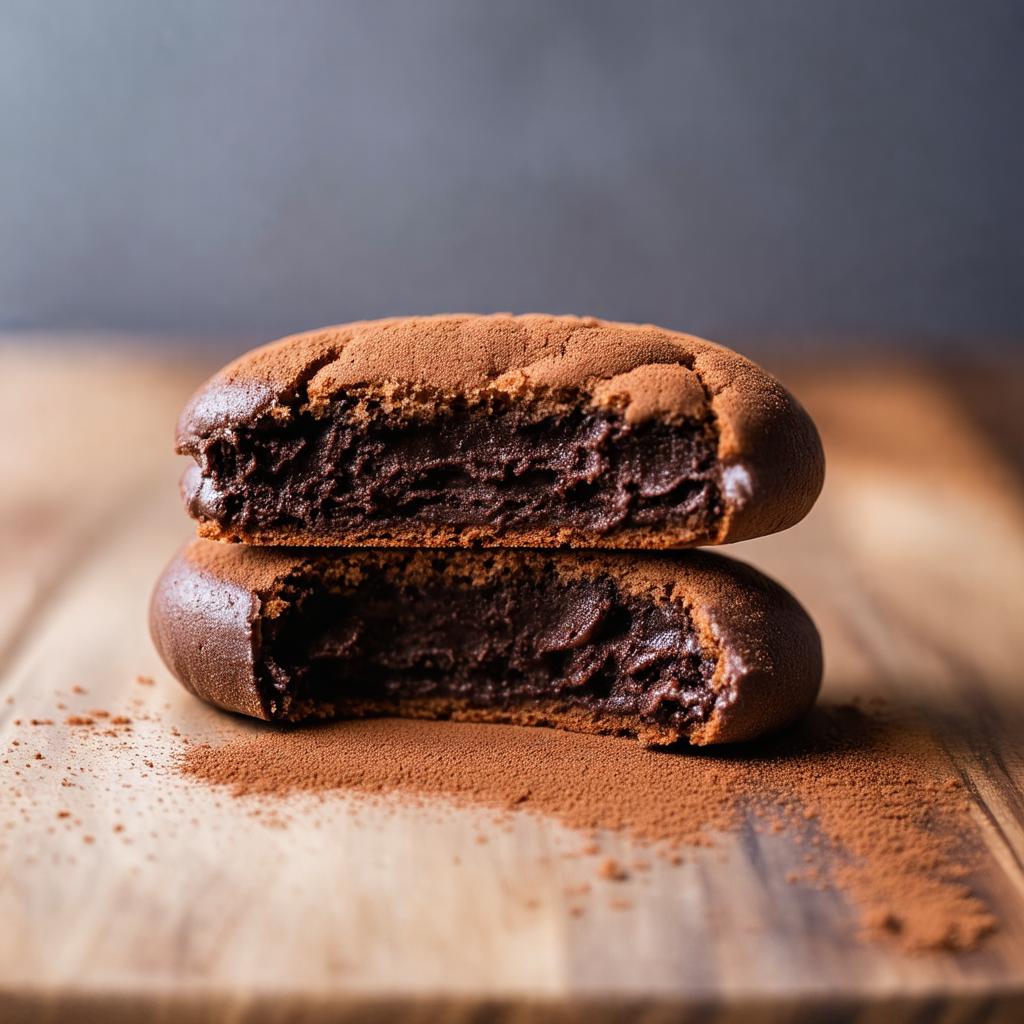 Alfajor low carb cortado ao meio mostrando o recheio de trufa de chocolate