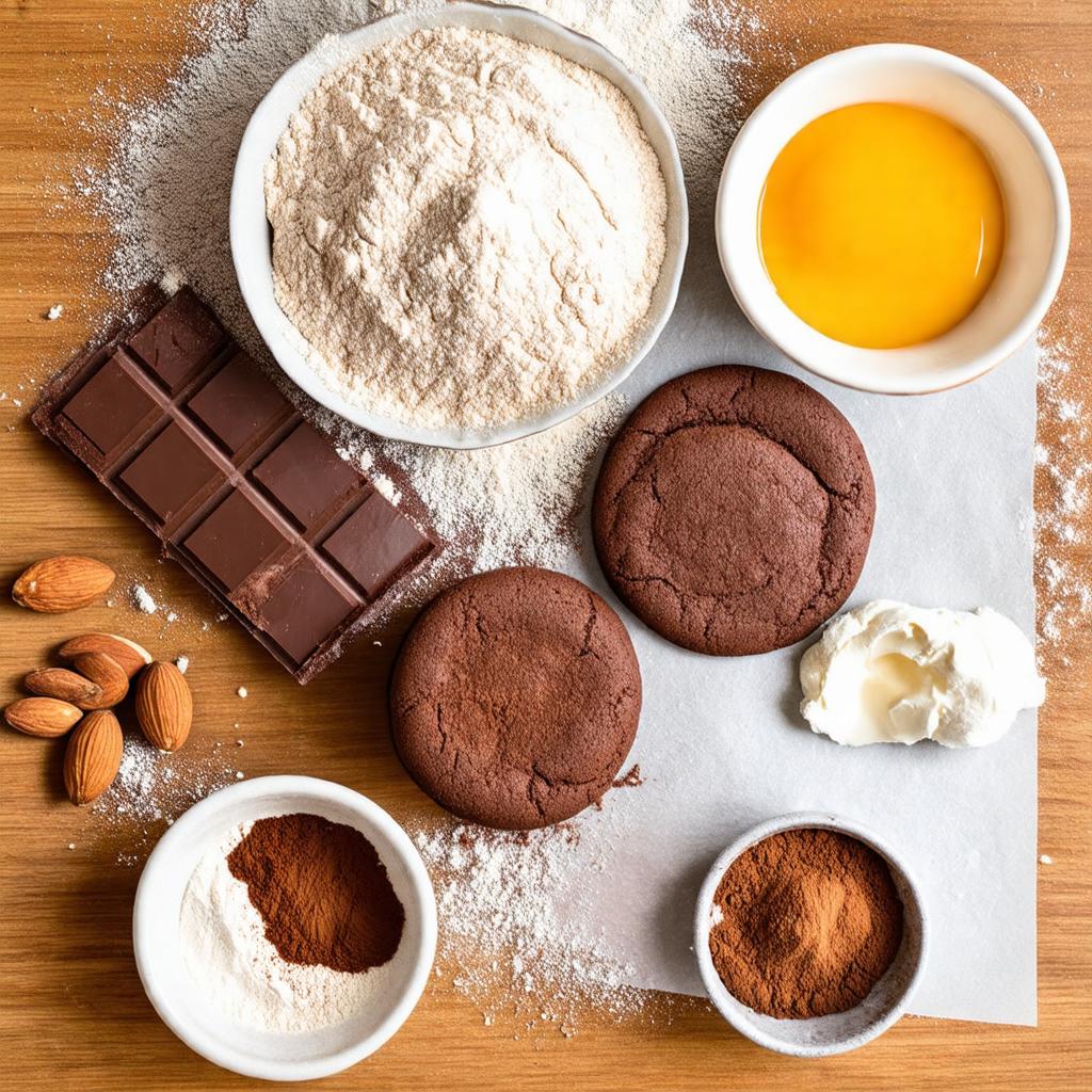 Ingredientes crus do alfajor low carb: farinha de amêndoas, farinha de coco e chocolate 70%