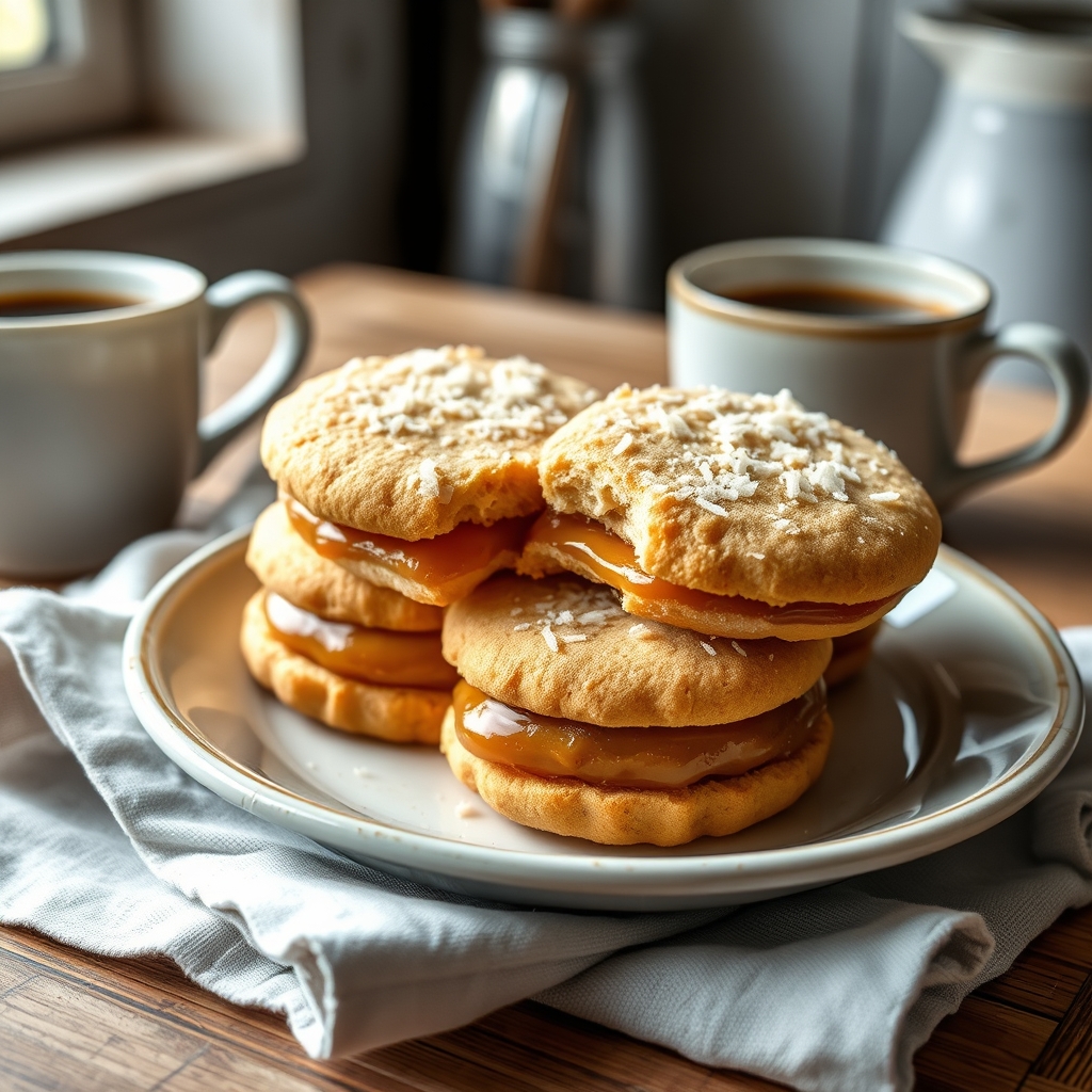 Prato pronto: Alfajor low carb, servido com uma xícara de café