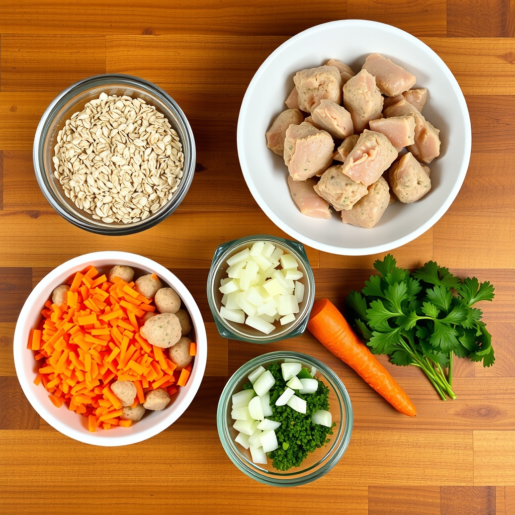 Ingredientes crus das almôndegas de frango low carb sobre a bancada: frango em cubos, aveia em flocos, cenoura ralada, cebola e salsinha em potinhos