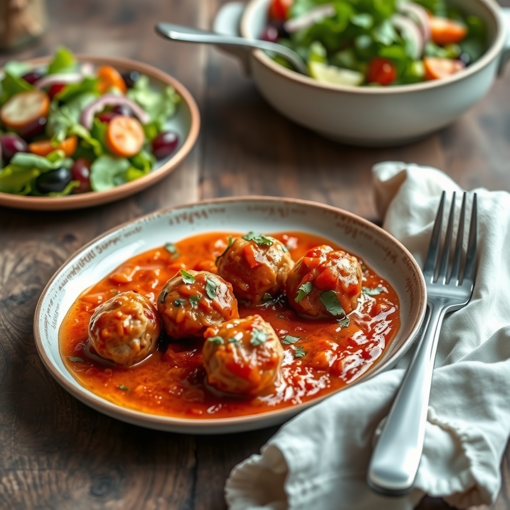 Prato de almôndegas de frango no molho de tomate servido com salada verde ao lado