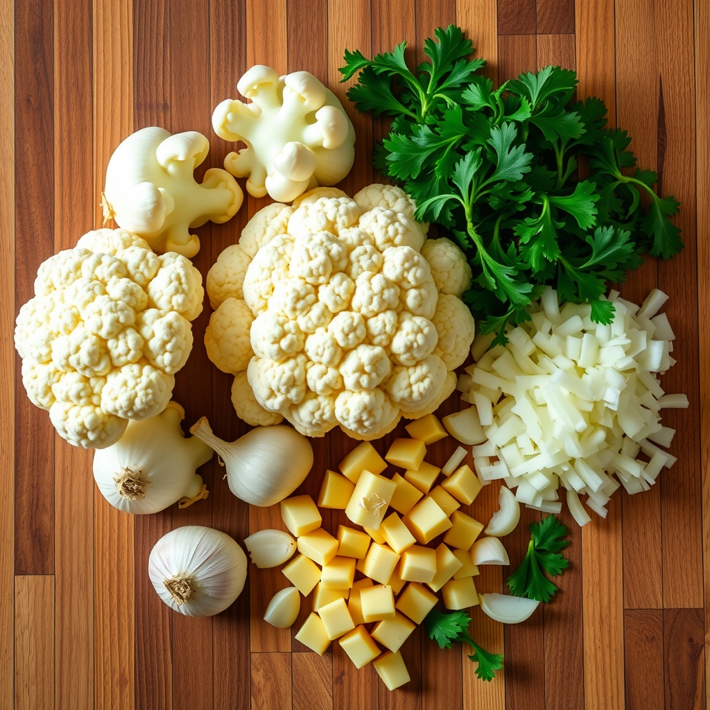 Ingredientes crus do arroz de couve-flor organizados sobre bancada de madeira: couve-flor, alho, cebola e salsinha