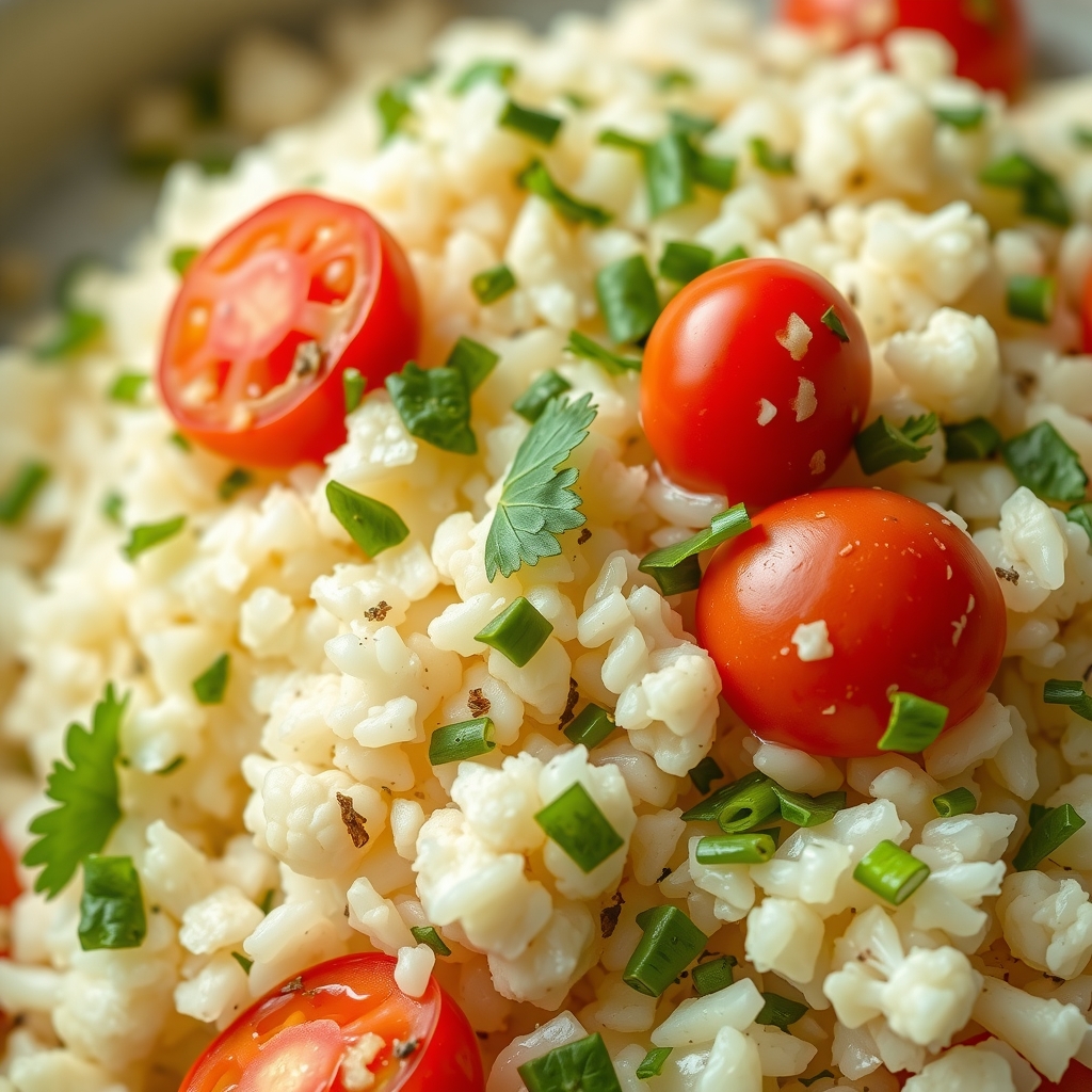 Close-up da textura granulada do arroz de couve-flor pronto, com tomate-cereja e cebolinha