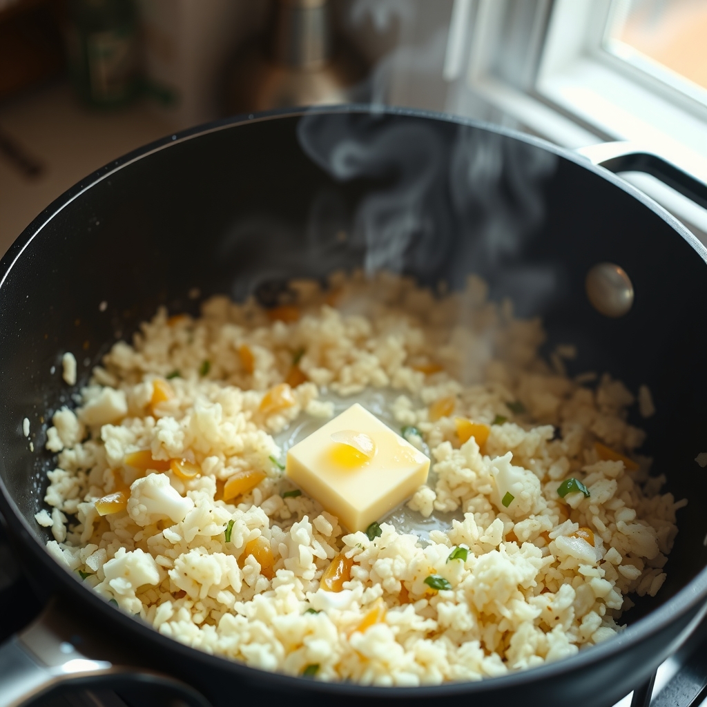 Arroz de couve-flor sendo refogado em panela com manteiga, soltando vapor