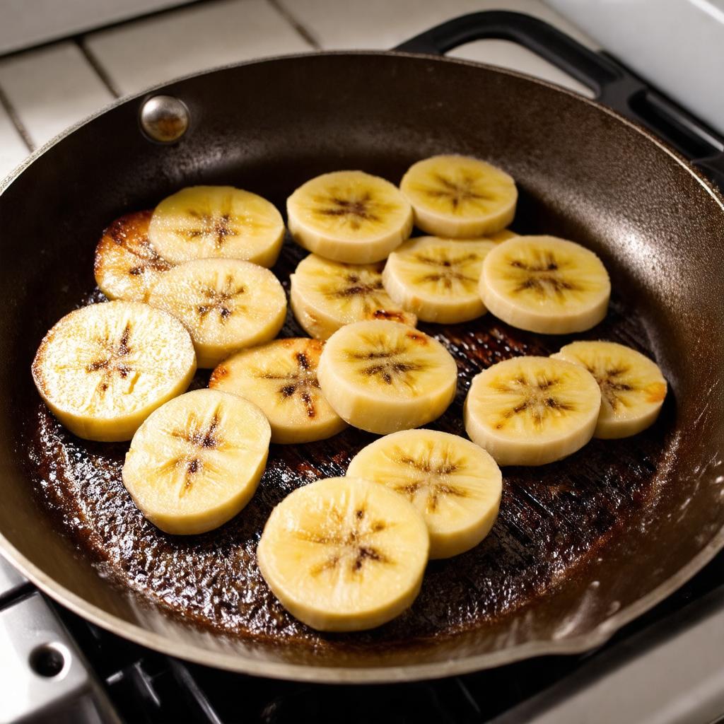 Rodelas de banana sendo grelhadas na frigideira para caramelizar, para o banoffee fit