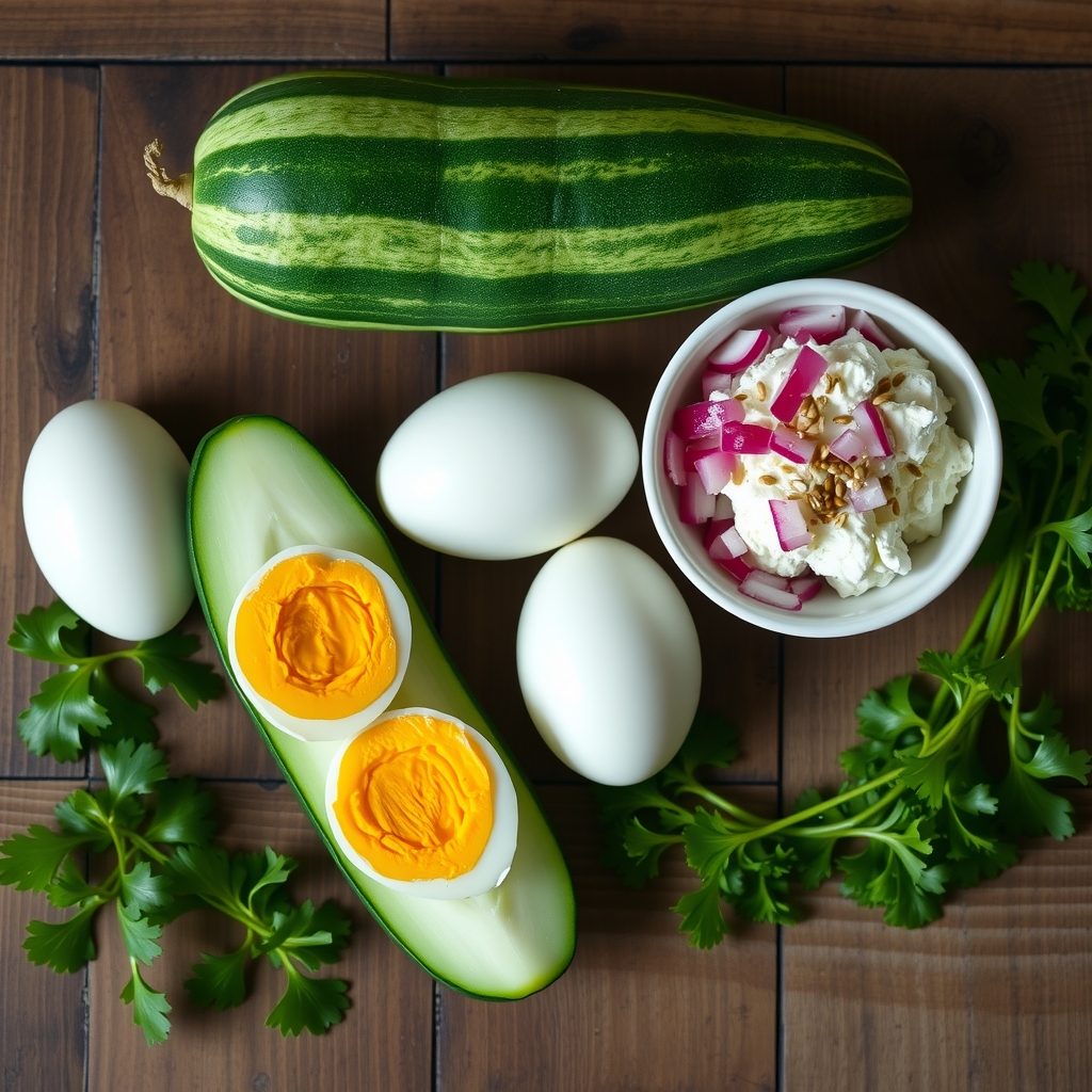 Ingredientes do barquinho de pepino recheado: pepino, ovos cozidos, ricota, cebola roxa e salsinha sobre a bancada