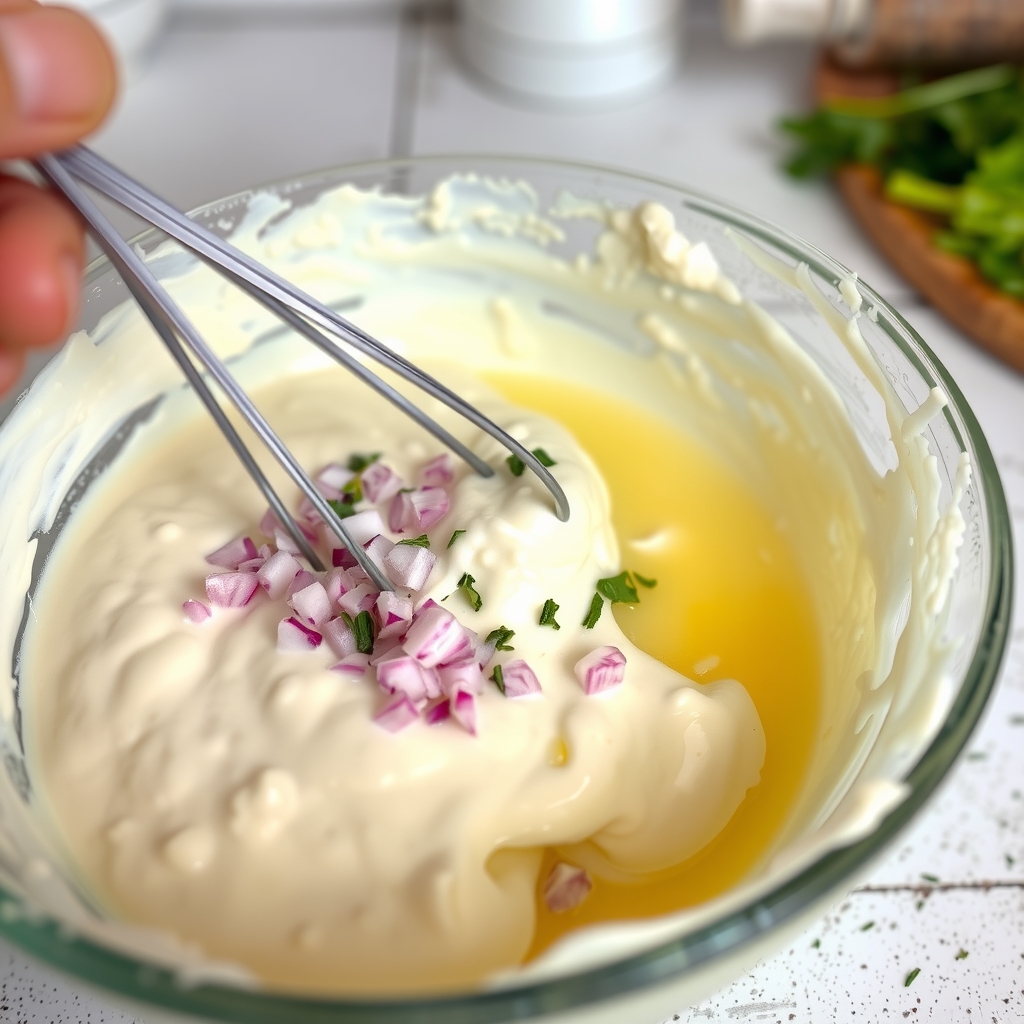 Creme de ricota e ovo sendo misturado numa tigela com cebola roxa picada e ervas