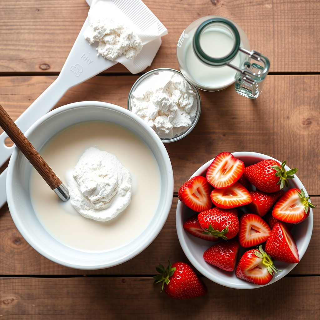 Ingredientes da barra proteica gelada: leite em pó, whey protein e morangos frescos cortados sobre a bancada