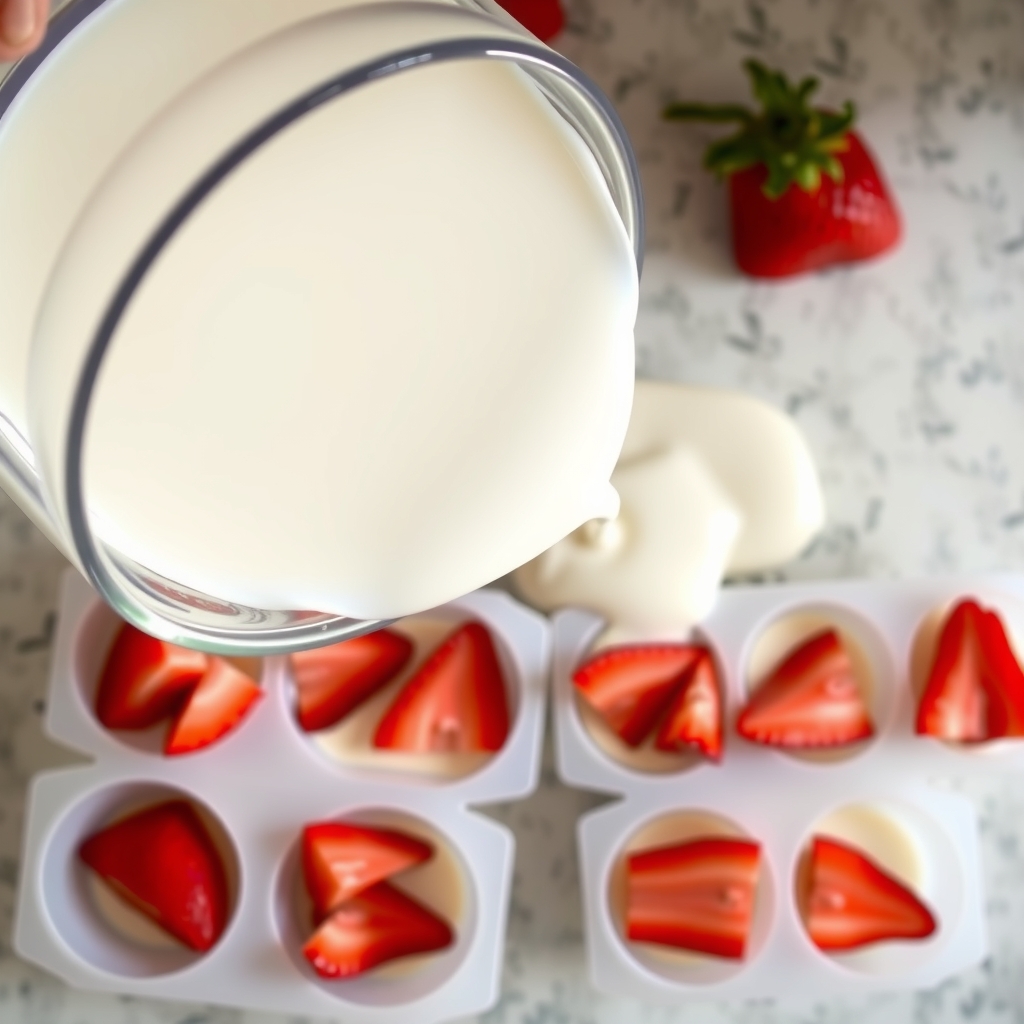 Creme de leite em pó sendo despejado em forminhas de silicone com pedaços de morango no fundo