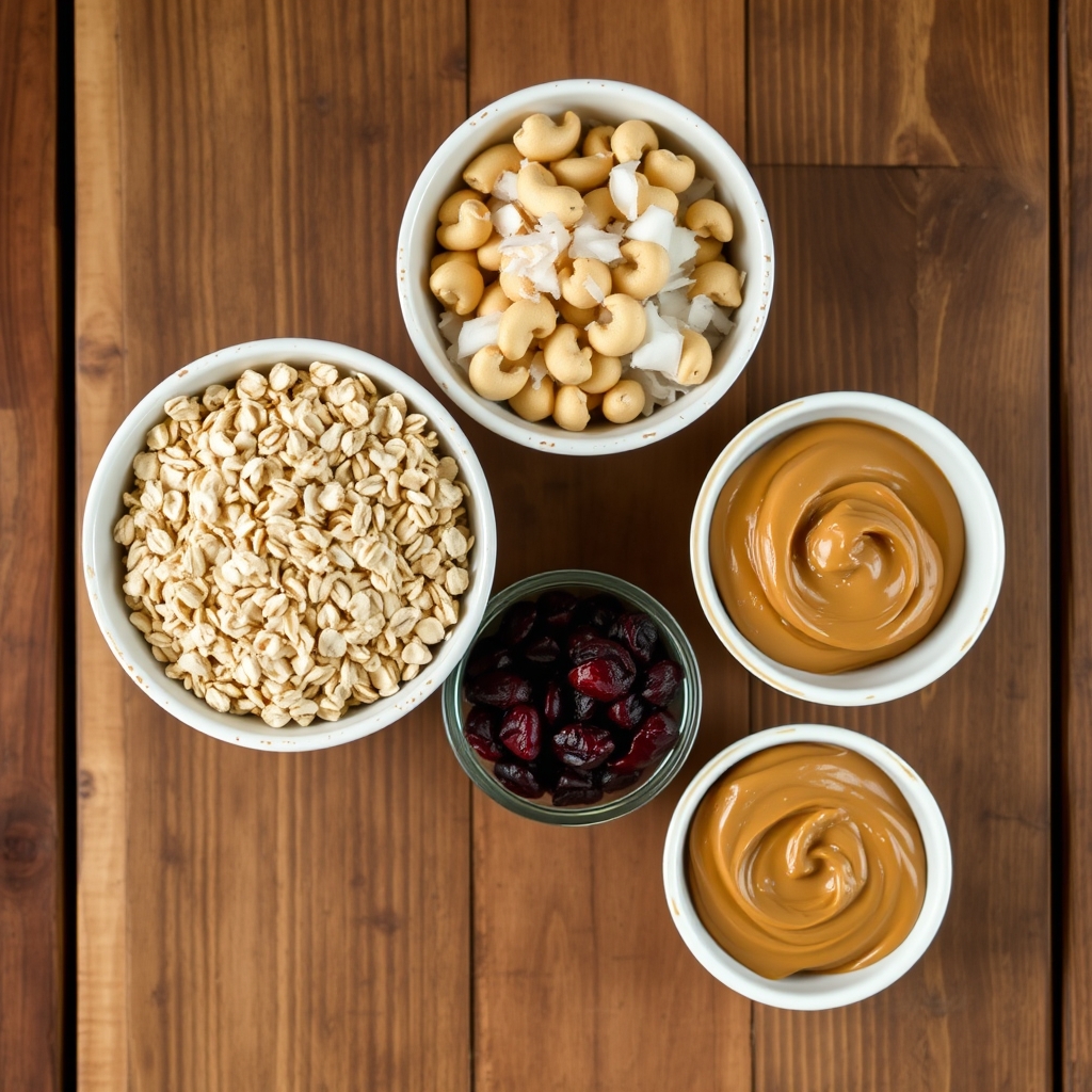 Ingredientes crus da barrinha de cereal organizados em potes sobre bancada de madeira: aveia, castanha de caju, coco, cranberries e pasta de amendoim