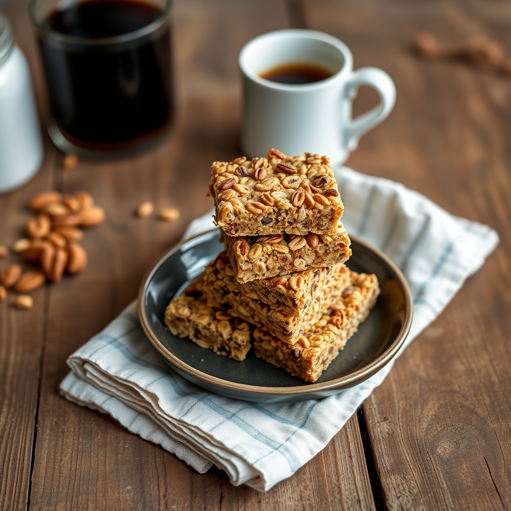 Barrinhas de cereal empilhadas em prato, servidas com xícara de café