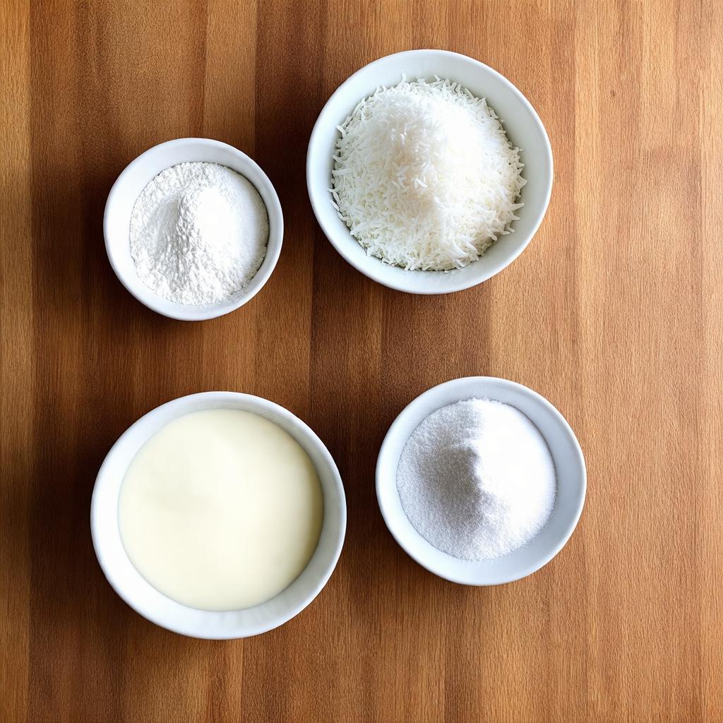 Ingredientes do beijinho diet: leite em pó, coco ralado e adoçante em tigelas separadas