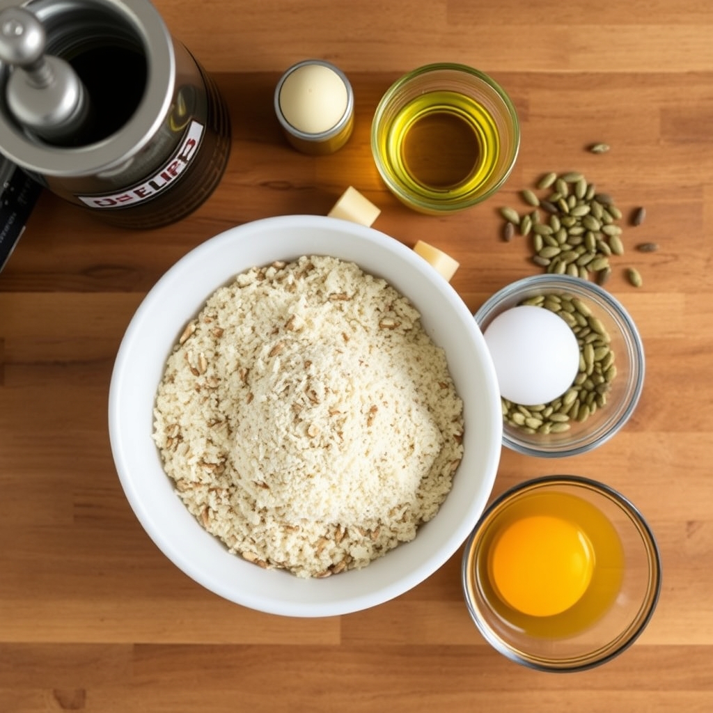 Ingredientes crus do biscoito salgado low carb organizados sobre bancada de madeira: farinha de amêndoas, parmesão, azeite, ovo e sementes