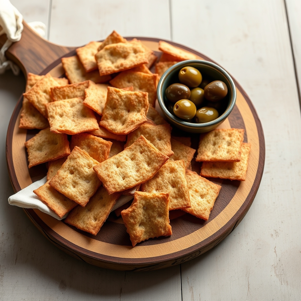 Biscoitos salgados low carb servidos em tábua de madeira ao lado de uma tigela de azeitonas