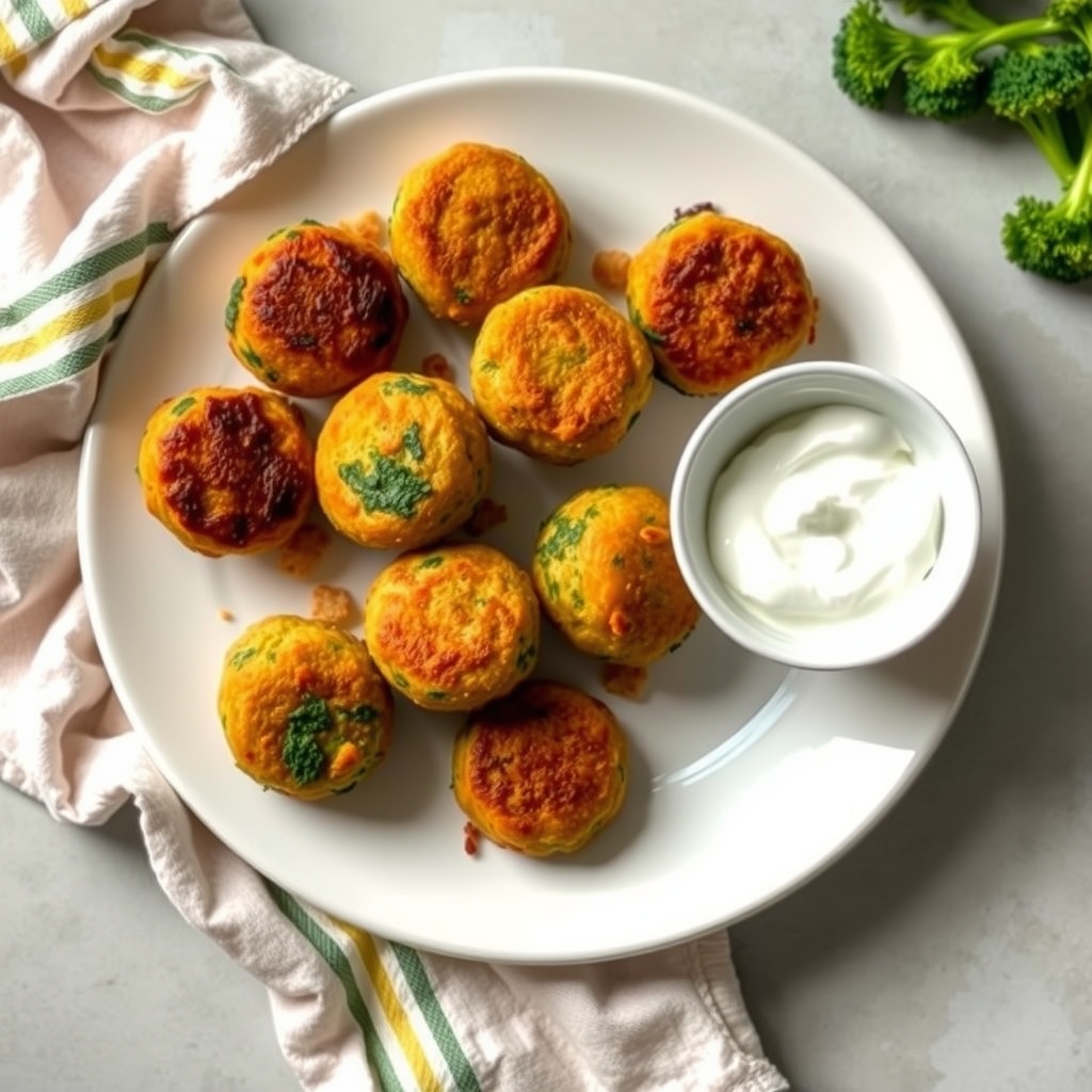 Bolinhos de brócolis assados servidos em prato branco com um potinho de molho de iogurte ao lado