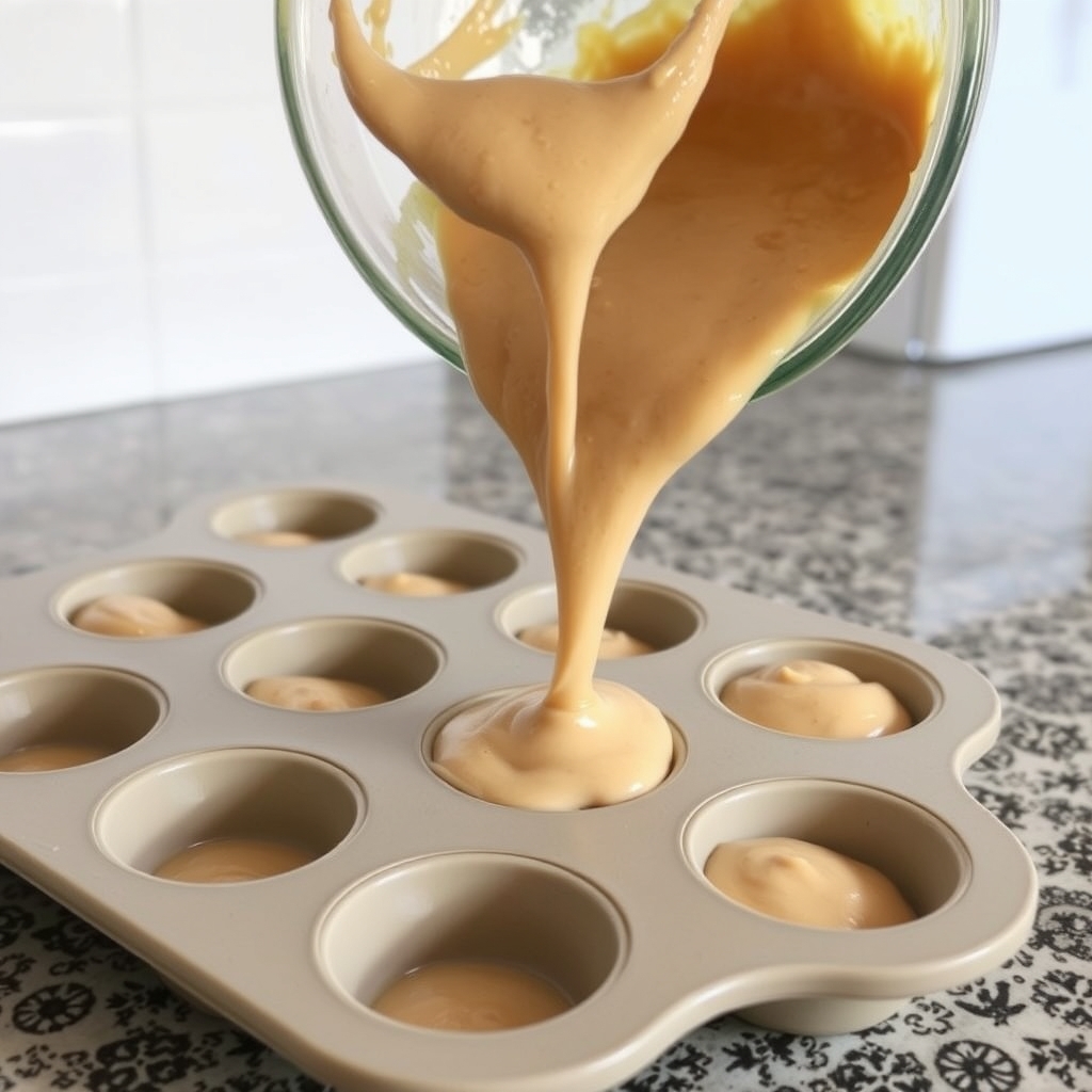 Massa do bolinho de chuva sendo despejada em forminhas de silicone