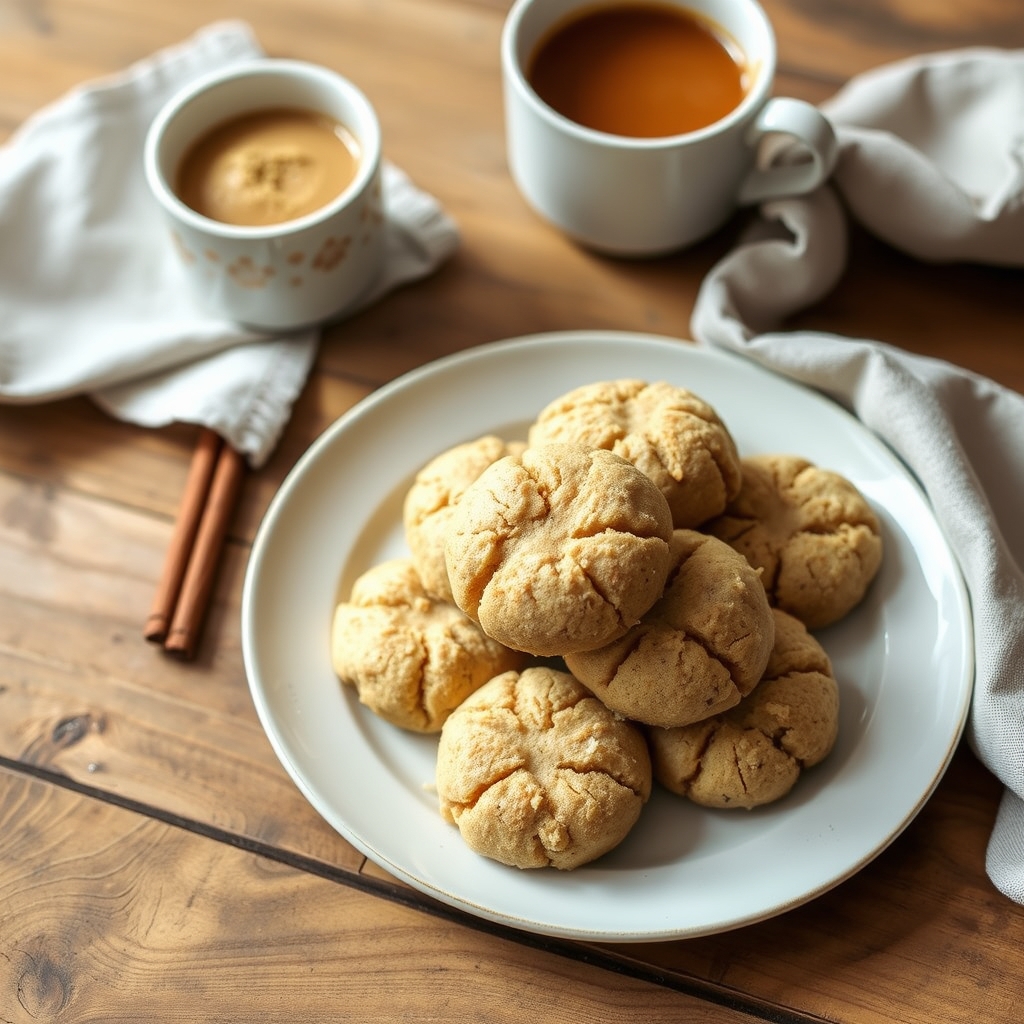 Bolinhos de chuva fit servidos em prato branco ao lado de duas xícaras de café
