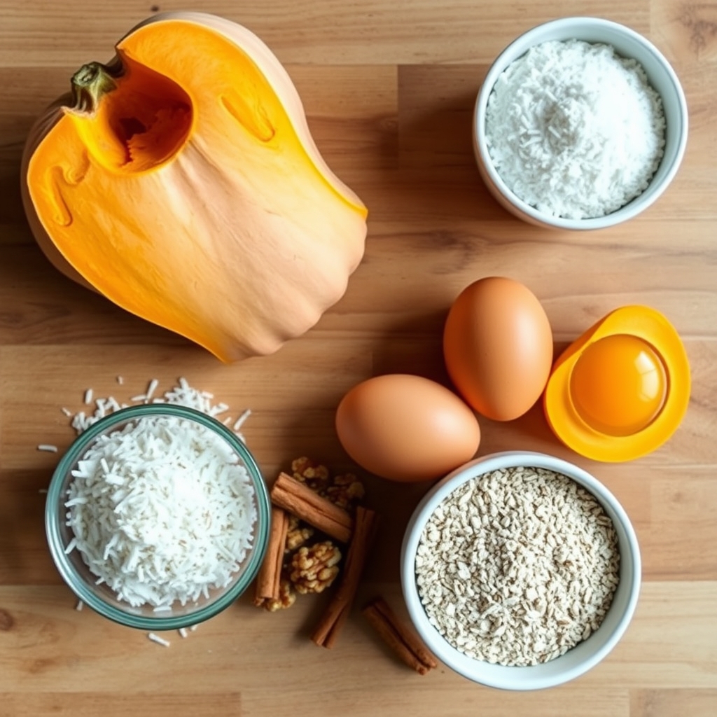 Ingredientes do bolo de abóbora: abóbora, ovos, aveia, coco ralado, canela e nozes sobre a bancada