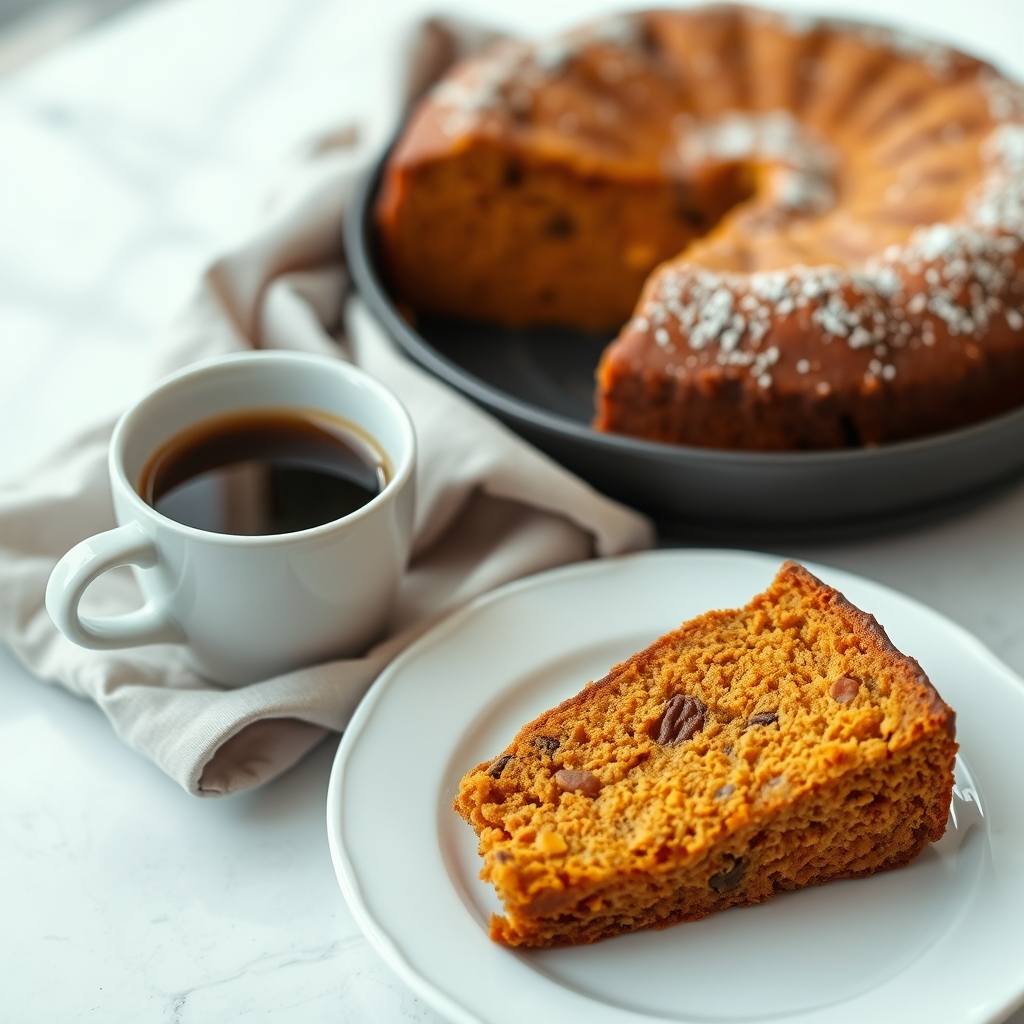 Fatia de bolo de abóbora em prato branco com uma xícara de café e guardanapo de pano