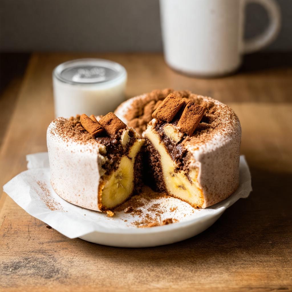 Bolo de caneca de banana fit partido ao meio mostrando o miolo fofinho