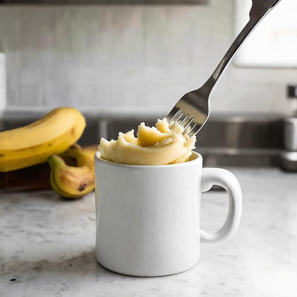 Banana sendo amassada com garfo dentro da caneca antes de assar