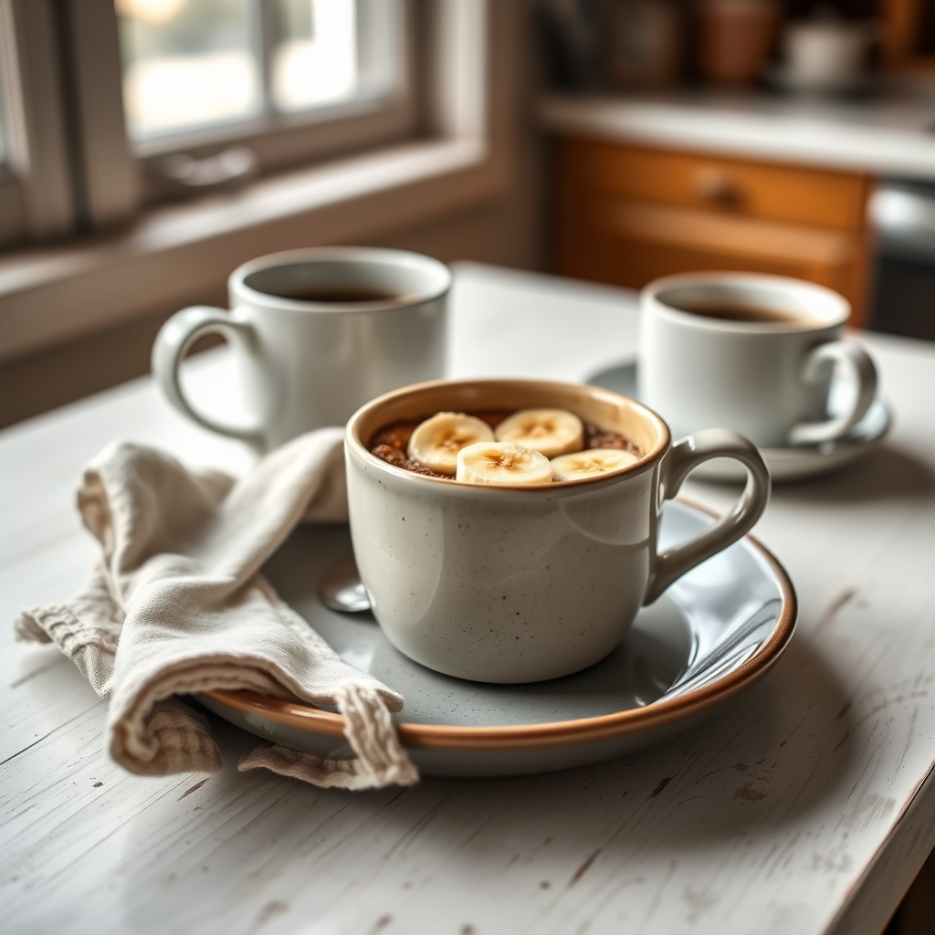 Prato pronto: Bolo de caneca de banana fit, servido com uma xícara de café
