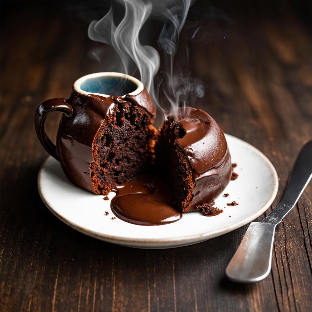 Bolo de caneca sem açúcar partido ao meio mostrando o centro derretido de chocolate