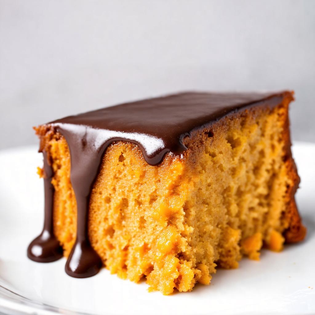 Fatia de bolo de cenoura fit mostrando o miolo fofinho e a cobertura de chocolate