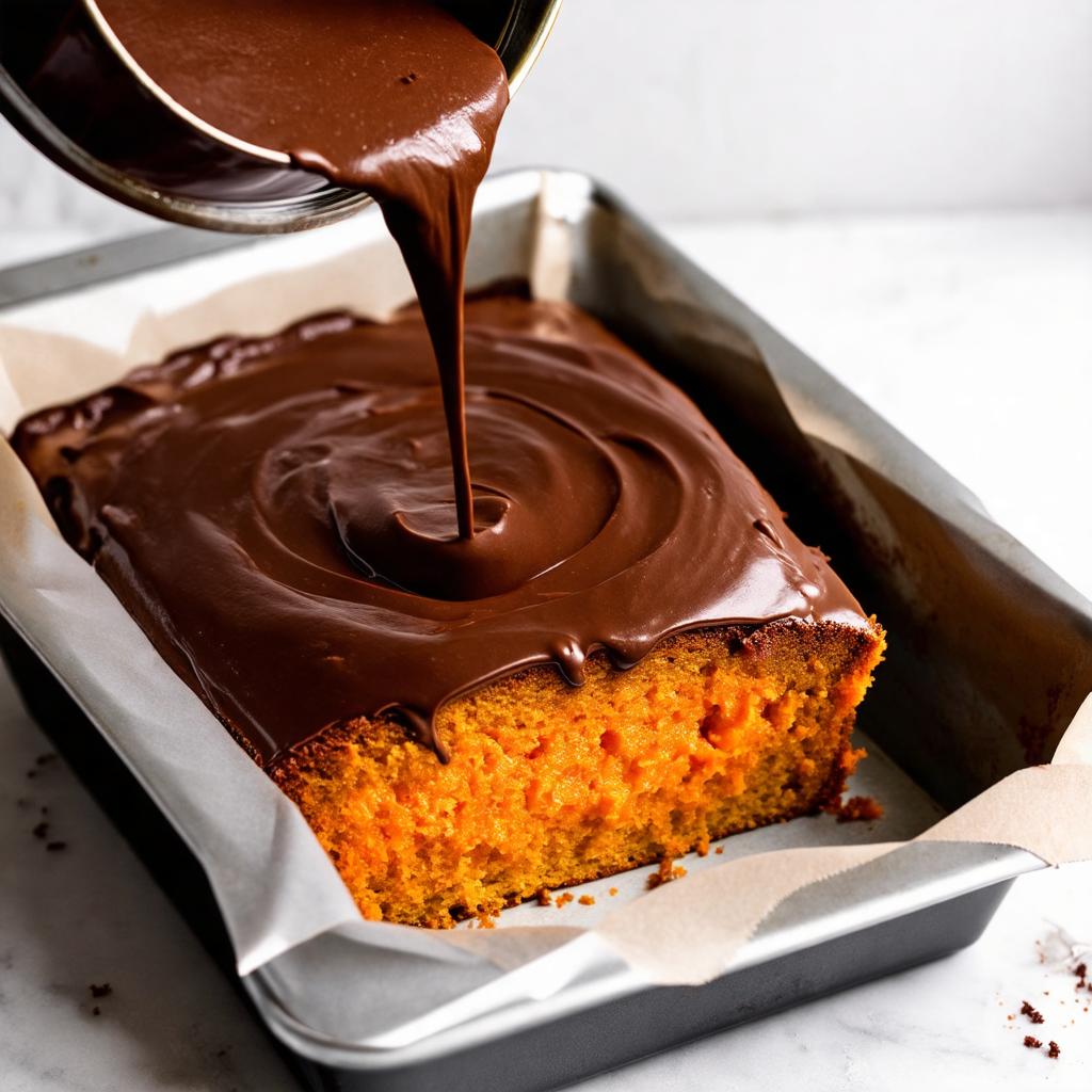 Cobertura de chocolate sendo despejada sobre o bolo de cenoura ainda na forma