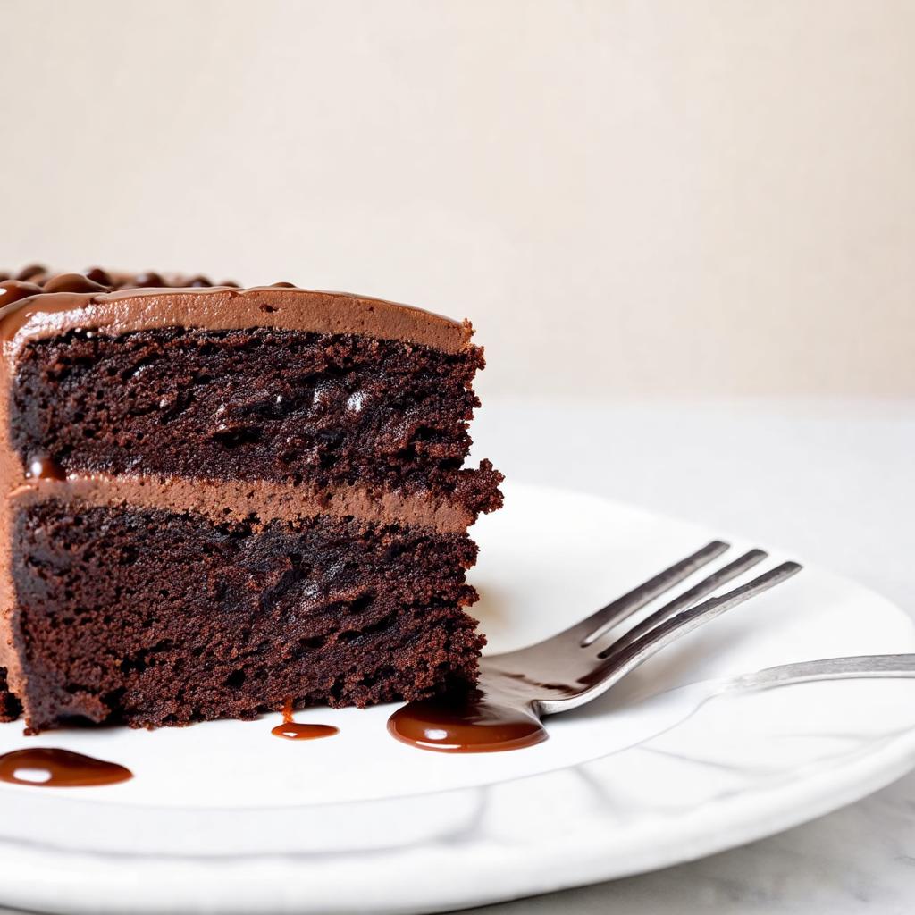 Fatia de bolo de chocolate diet com calda de achocolatado escorrendo por cima