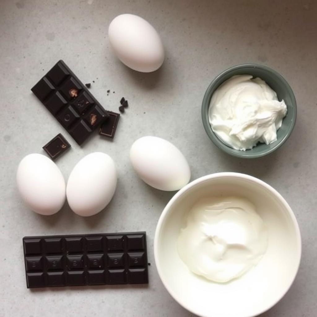 Ingredientes crus do bolo: barra de chocolate amargo partida, ovos e potes de iogurte natural sobre a bancada