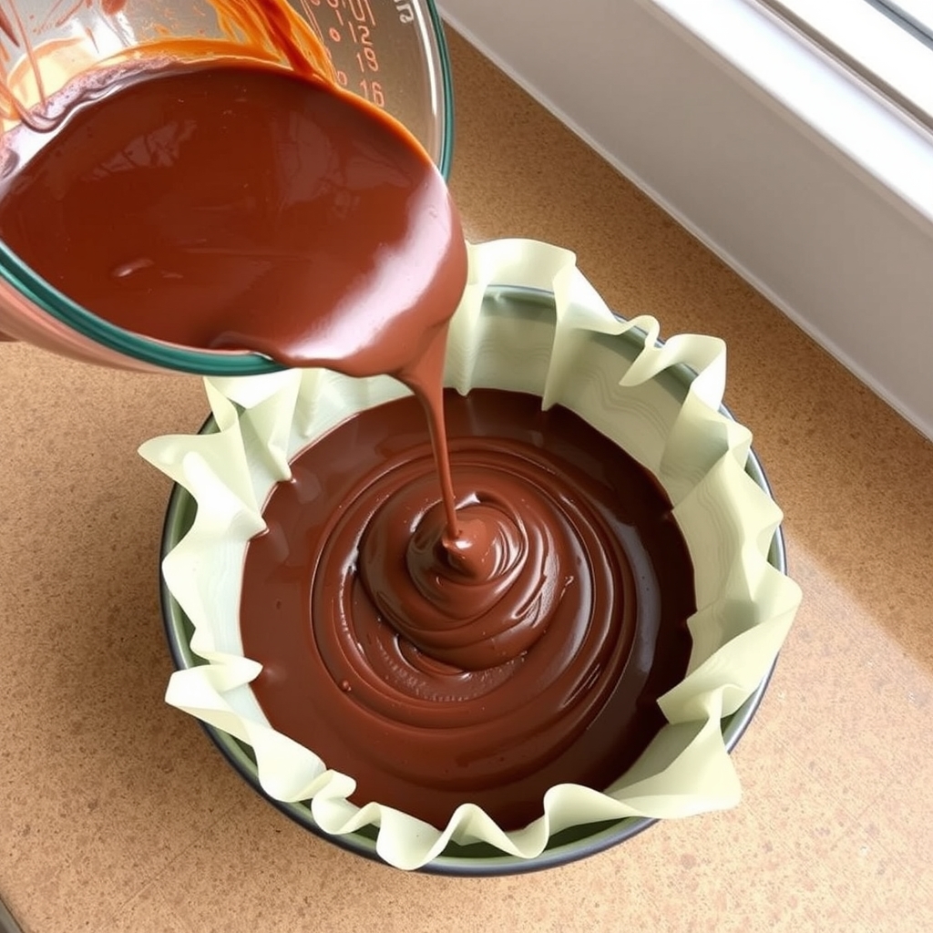 Massa de chocolate sendo despejada numa forma forrada com papel-manteiga, pronta para ir ao forno
