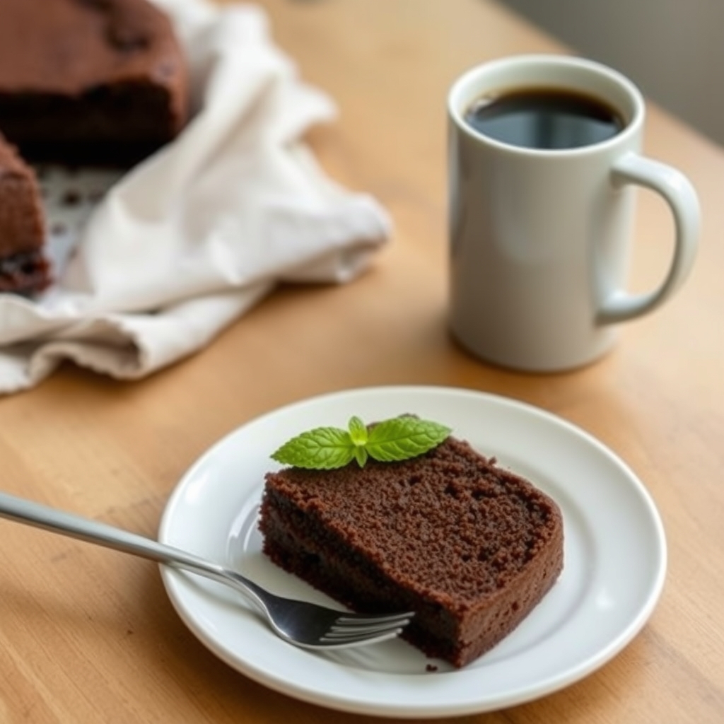 Fatia de bolo de chocolate sem farinha servida num prato branco, com uma xícara de café ao fundo