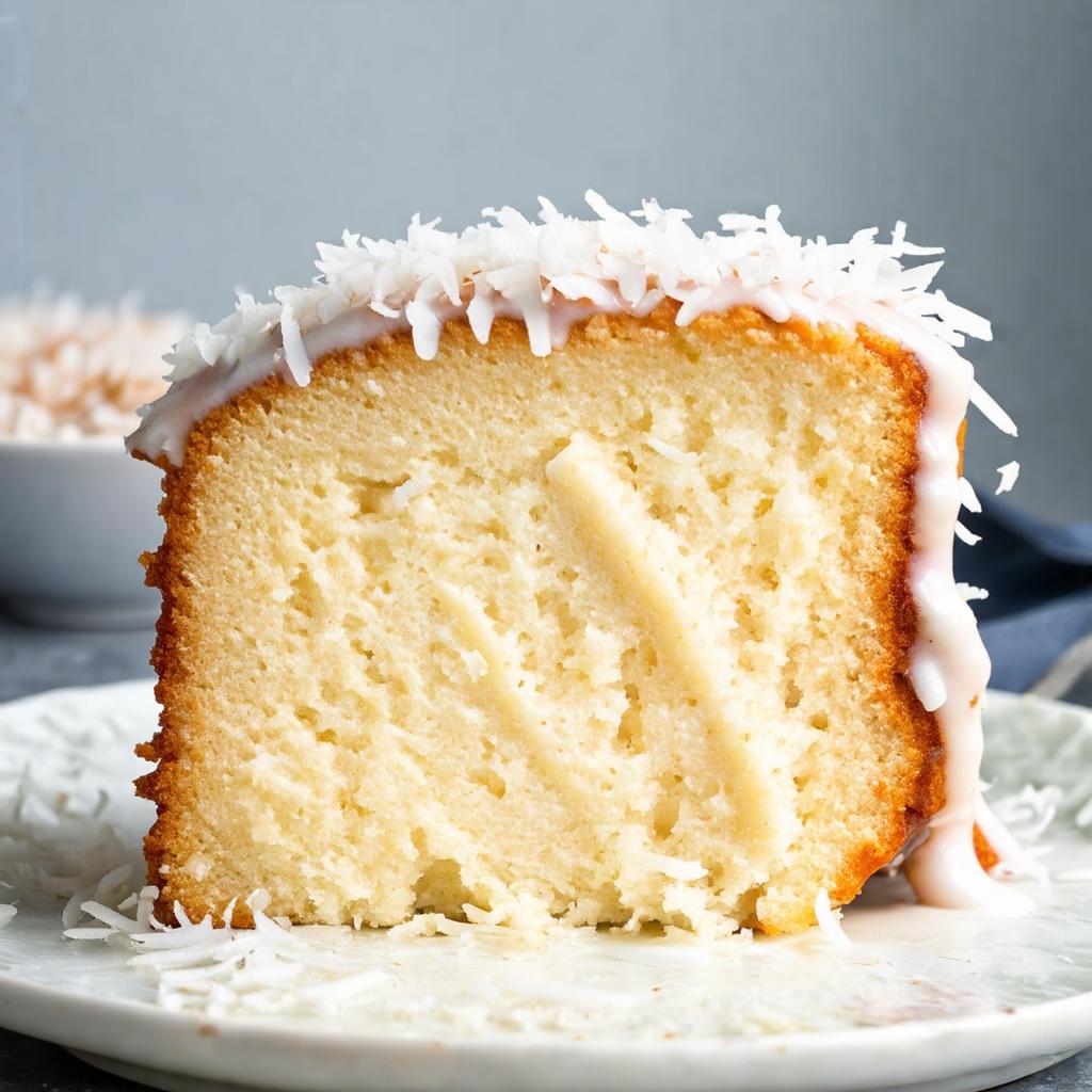 Fatia de bolo de coco molhadinho coberto de coco ralado, mostrando o miolo úmido