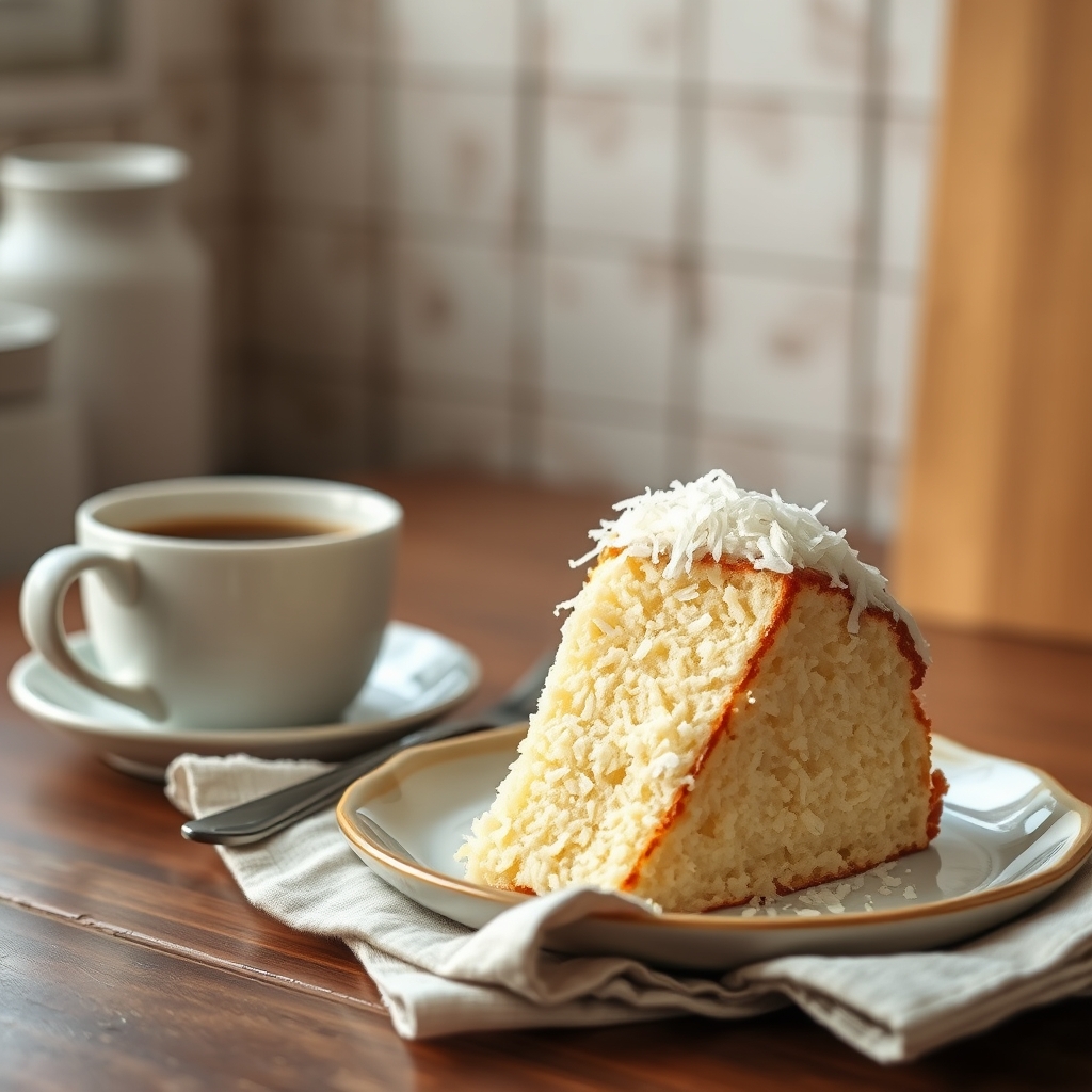 Prato pronto: Bolo de coco sem glúten e sem açúcar, servido com uma xícara de café
