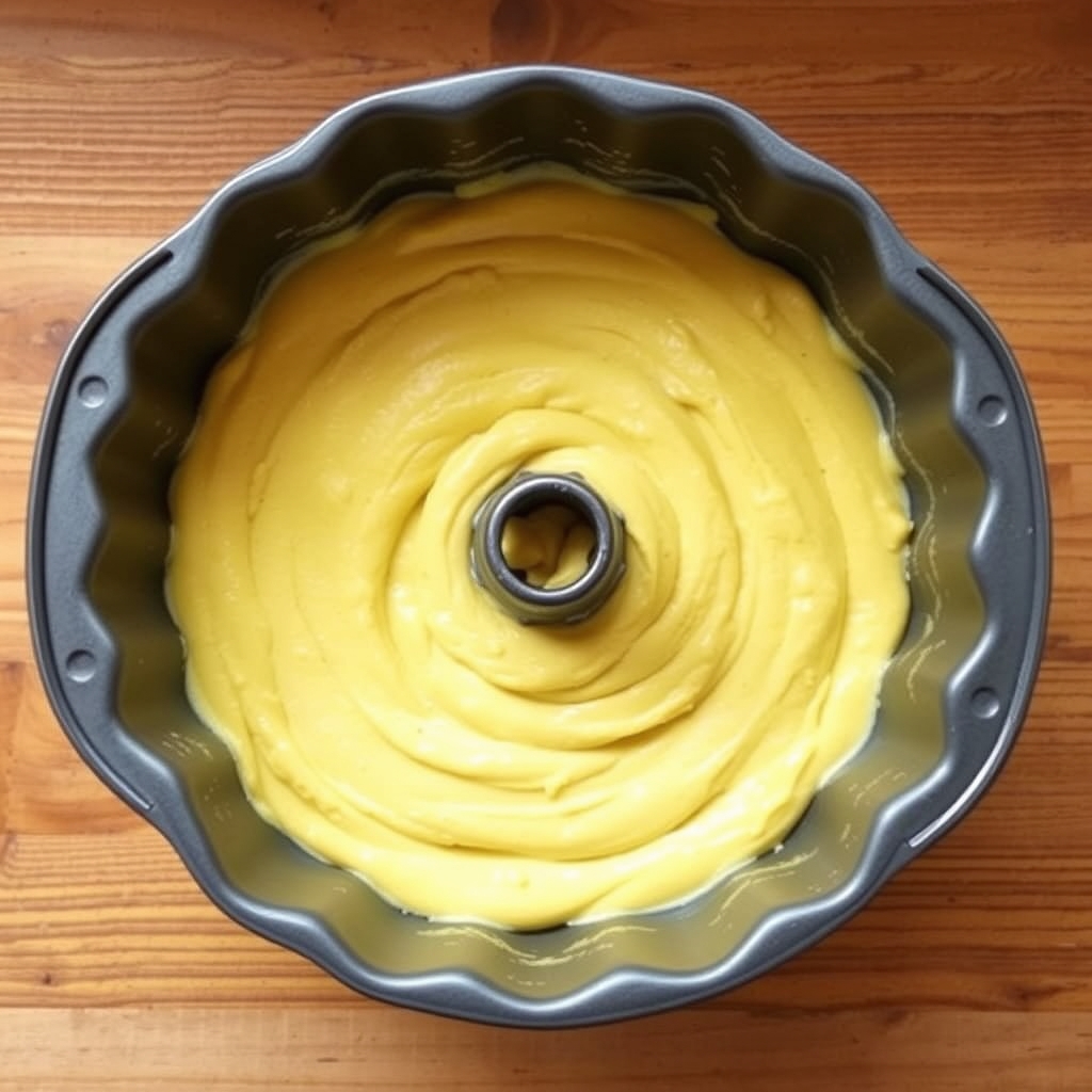 Massa de bolo de fubá na forma de buraco no meio, pronta para assar