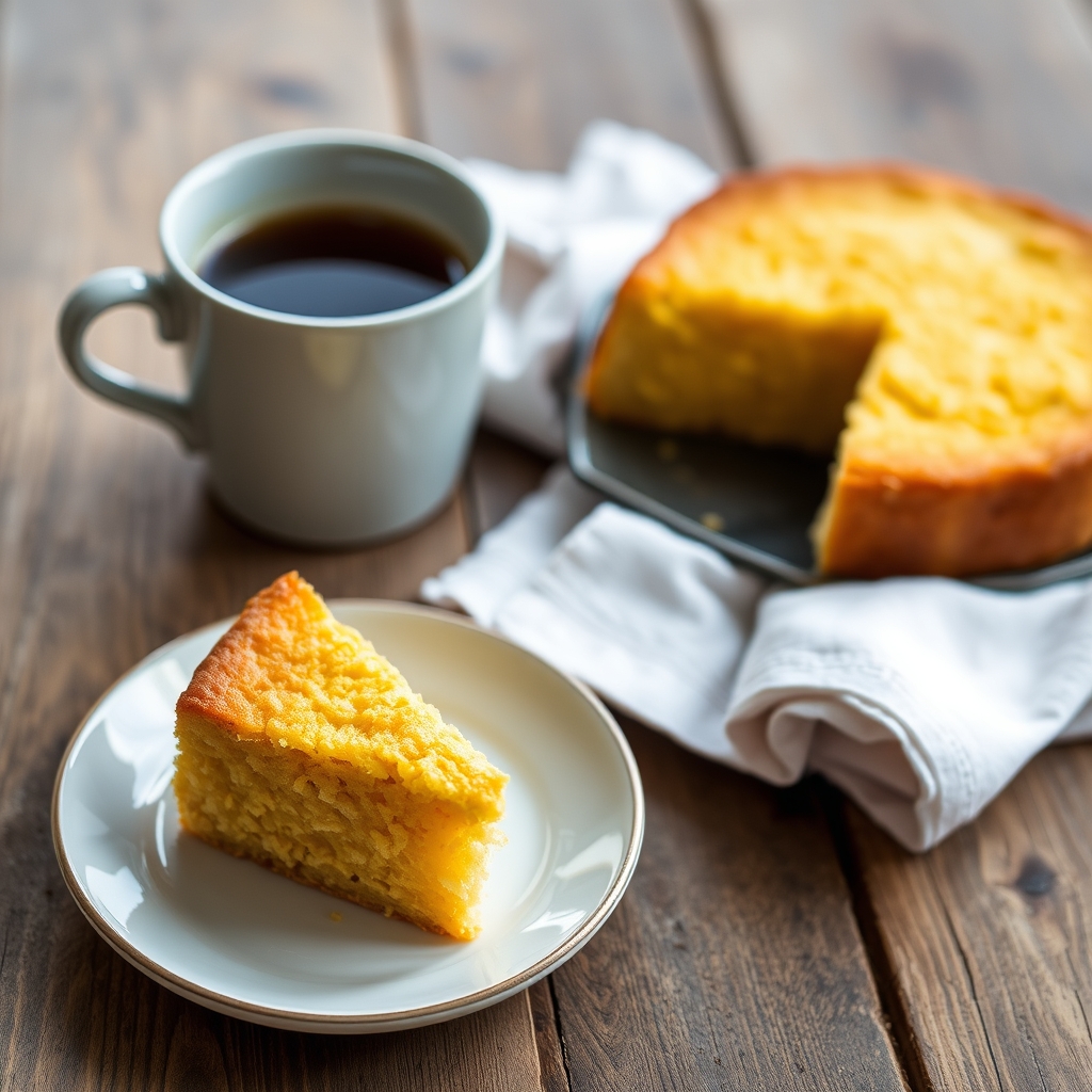 Fatia de bolo de fubá servida com uma xícara de café