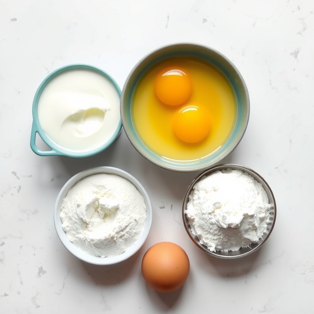 Ingredientes do bolo de iogurte sem açúcar: potinho de iogurte natural, ovos e farinha organizados sobre a bancada