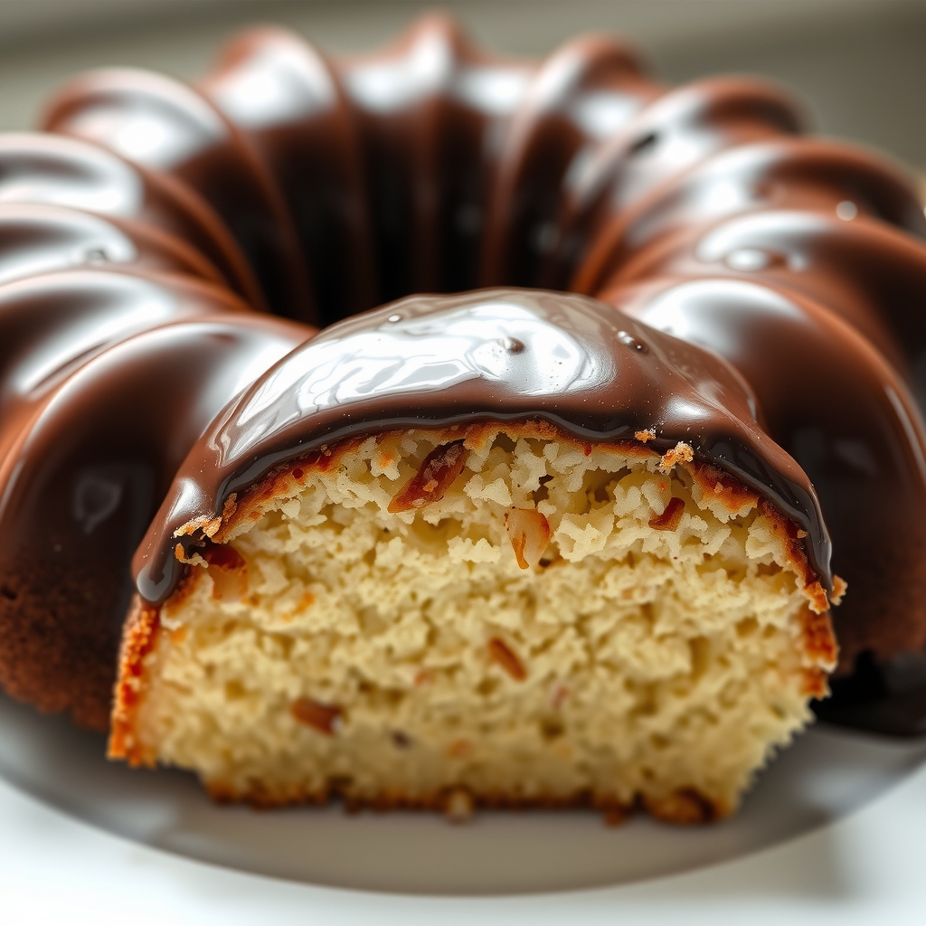 Close-up de uma fatia do bolo de iogurte mostrando o miolo fofinho por baixo da cobertura de chocolate
