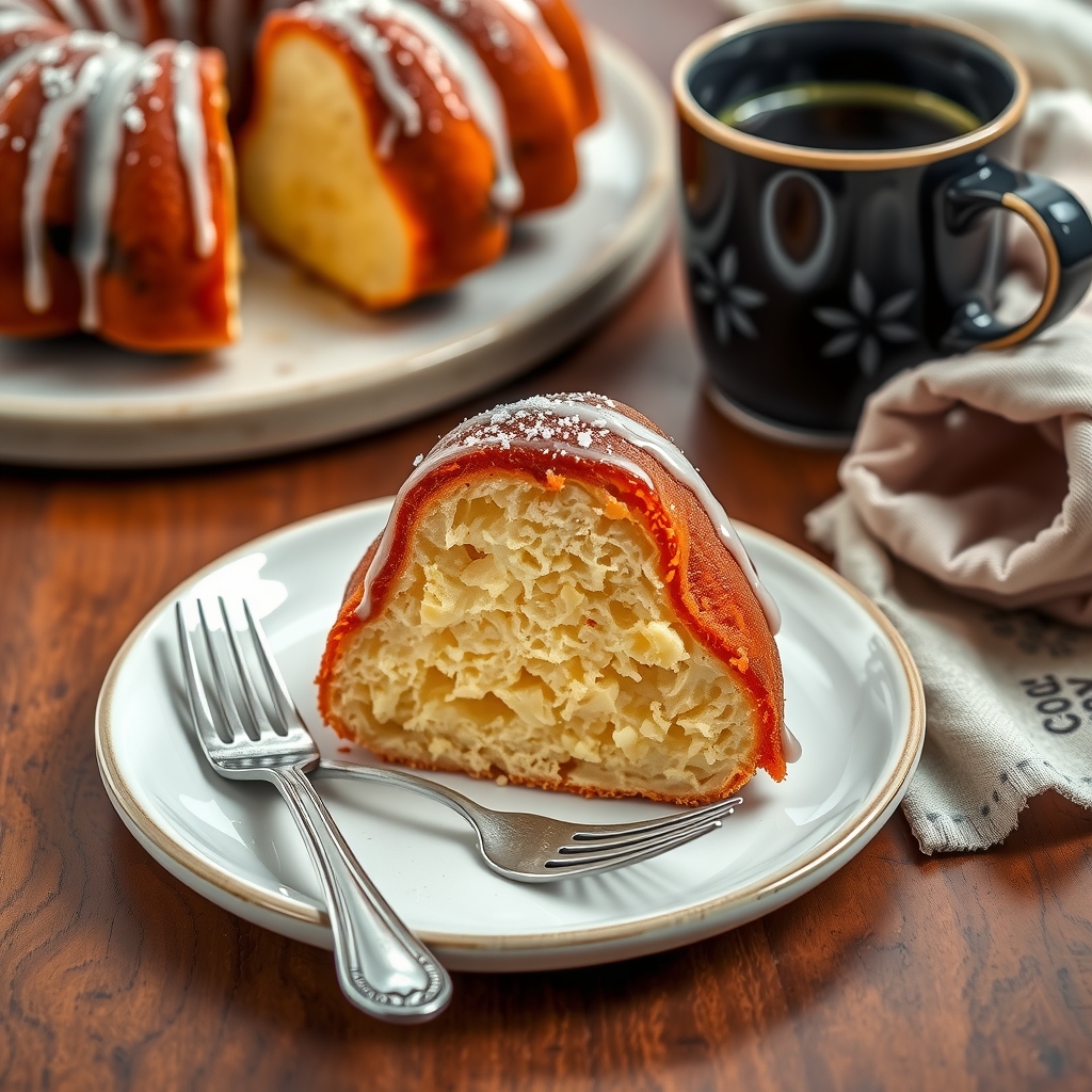 Fatia do bolo de iogurte servida num prato branco, com garfo, xícara de café e guardanapo de pano ao lado