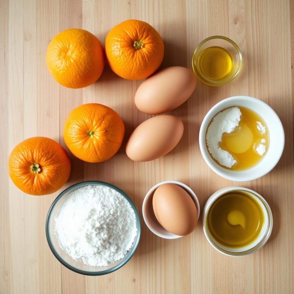 Ingredientes do bolo de laranja: laranjas, ovos, farinha de arroz, adoçante e azeite sobre a bancada