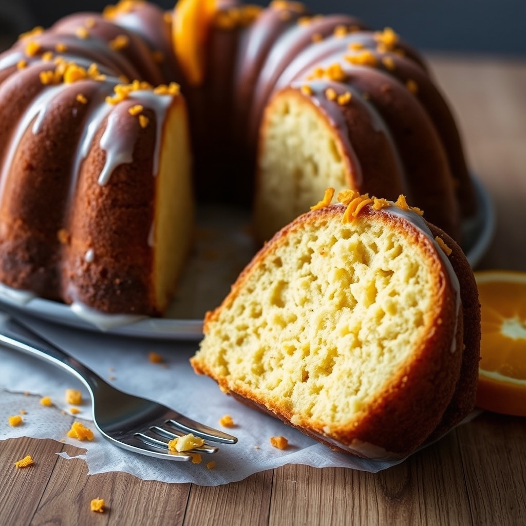 Bolo de laranja fatiado mostrando o miolo macio e dourado, com raspas de laranja por cima