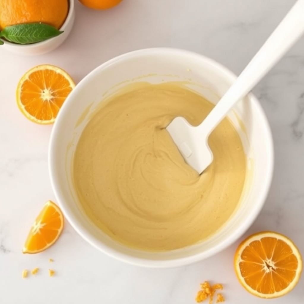 Massa cremosa de bolo de laranja em uma tigela branca, com metades de laranja ao redor