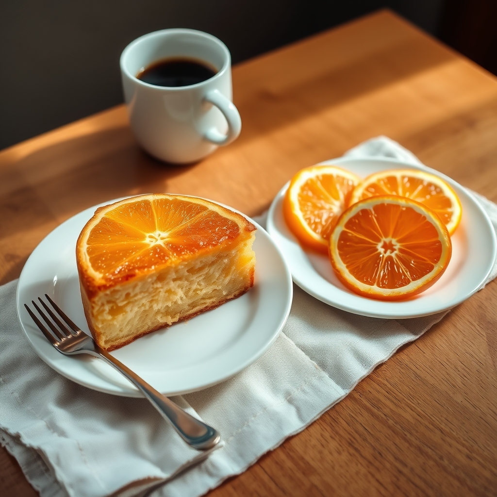 Fatia de bolo de laranja em prato branco com xícara de café e rodelas de laranja
