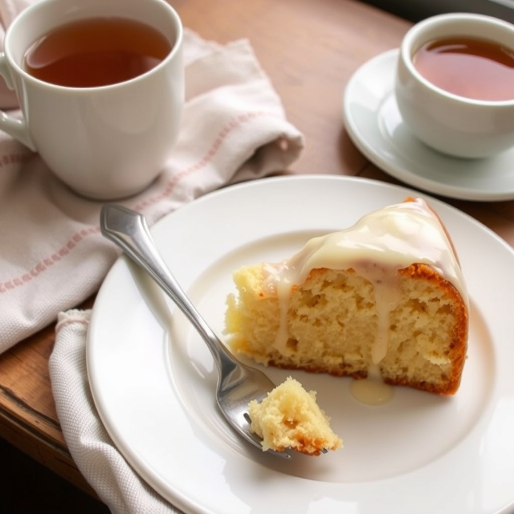 Fatia do bolo de limão servida num prato branco, com garfo e xícara de chá ao lado