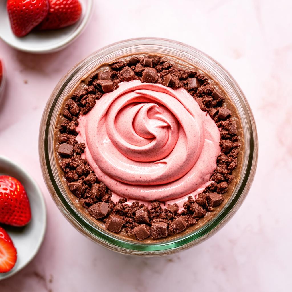 Corte transversal do bolo de pote proteico mostrando as camadas de bolo e creme de whey com morango