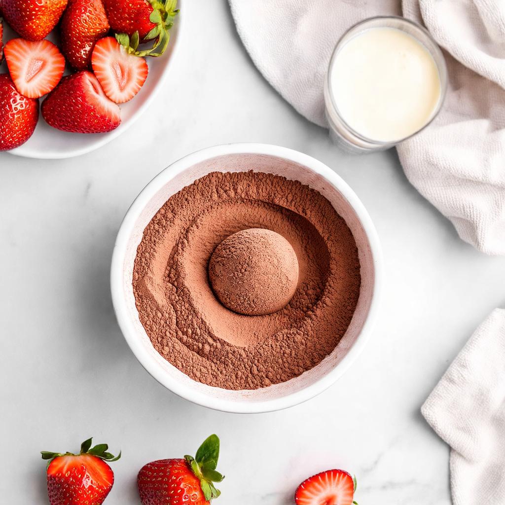 Whey protein de chocolate, leite em pó e morangos frescos organizados antes do preparo