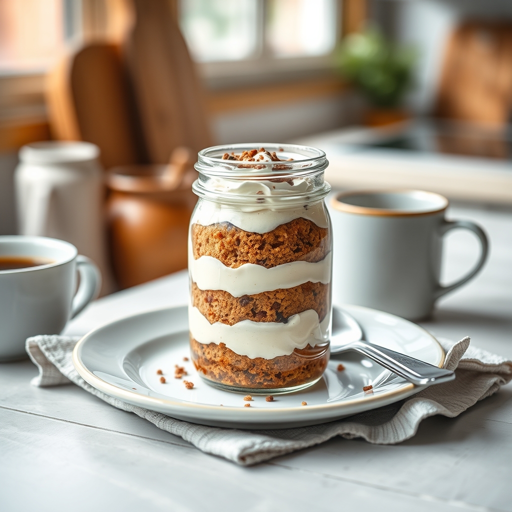 Prato pronto: Bolo de pote proteico, servido com uma xícara de café