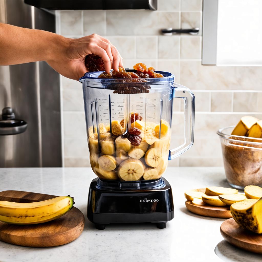 Bananas maduras e uvas-passas sendo batidas no liquidificador