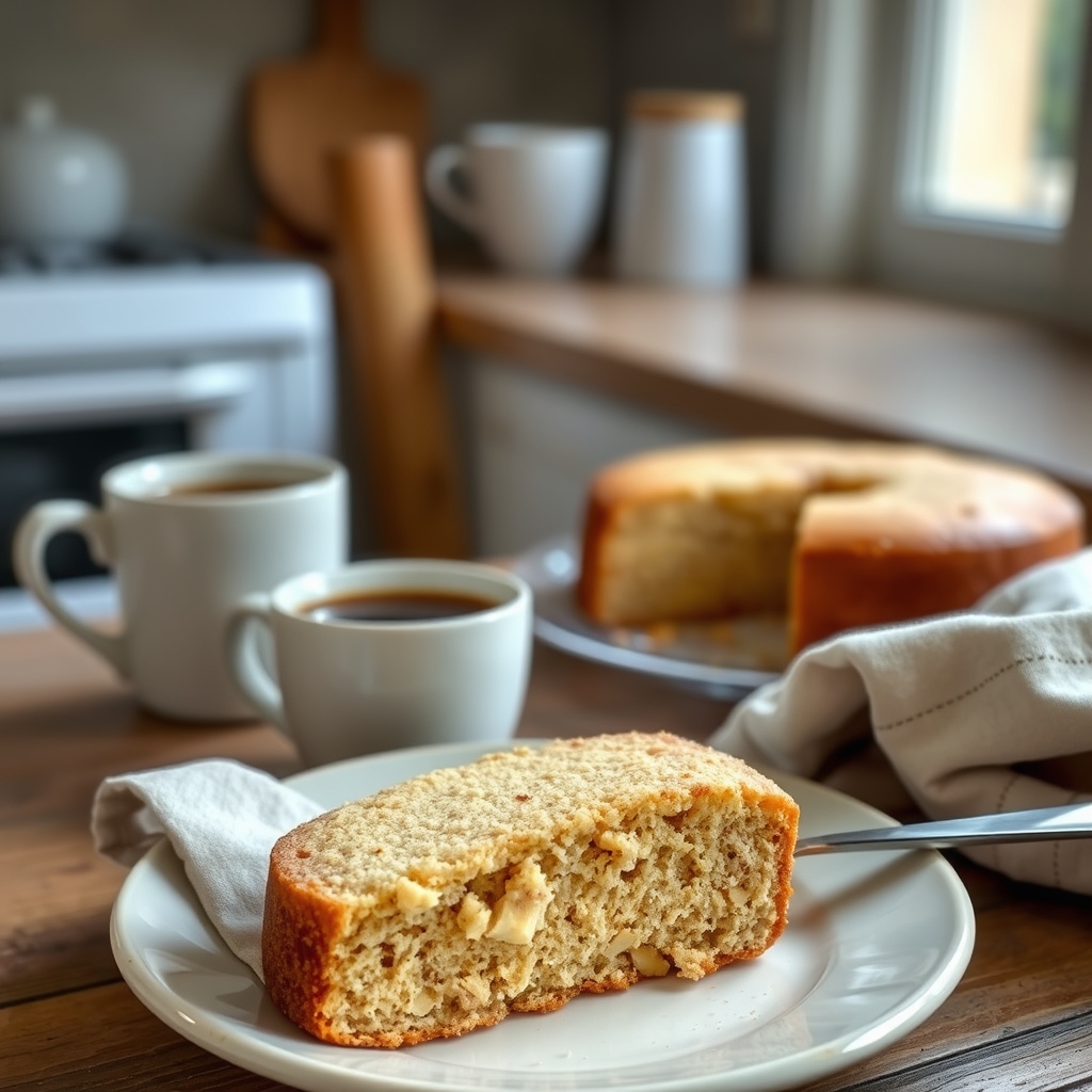 Prato pronto: Bolo diet de banana sem farinha e sem açúcar, servido com uma xícara de café